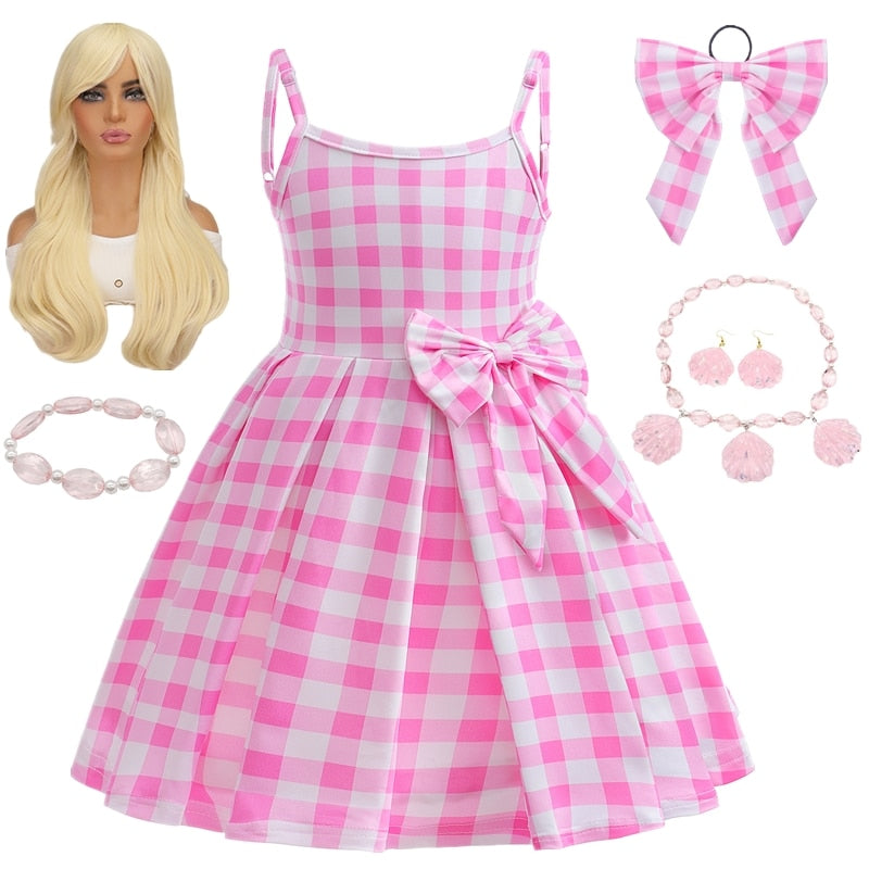 Vestido Fantasia Barbie 2023 Xadrez Rosa E Branco Infantil